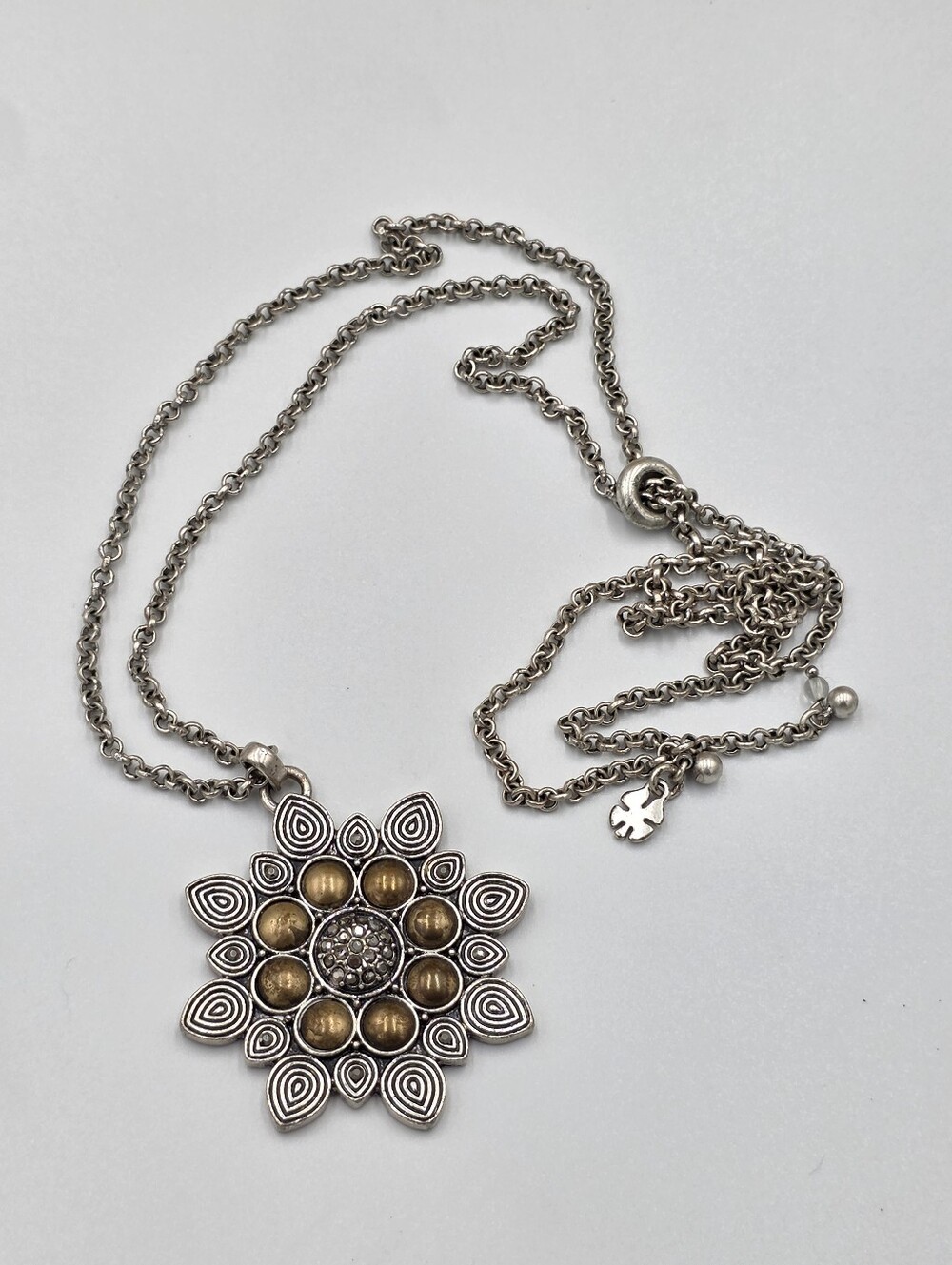 Lucky Brand Silver-Tone Floral Crystal Medallion Star Necklace with Gold Accents